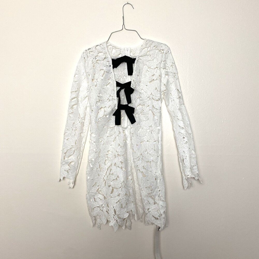 Missguided Sexy Mini Dress Size M White Bow Cut Out Long Sleeves Floral Lace